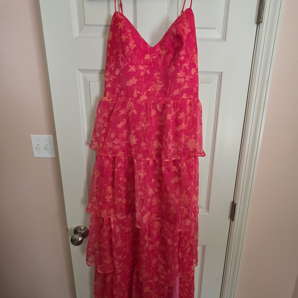 Amanda Uprichard Vibrant Pink Floral Tiered Maxi Dress